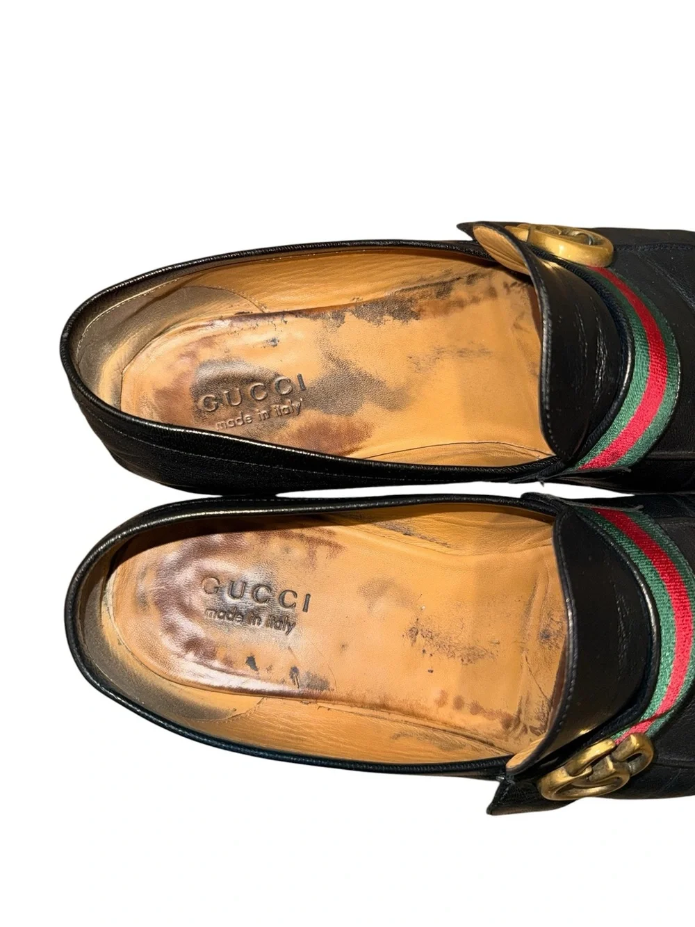 Gucci Men's Donnie Black Leather Web Loafers Double G Hardware EU 12 US 13 Used